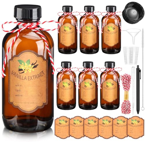 ProSuites Paquete de 6 botellas de extracto de vainilla de 4 onzas, botellas de vidrio caseras para extracto de vainilla, tarros de vidrio ámbar para jarabe, alimentos, salsa, frijoles, extracto de