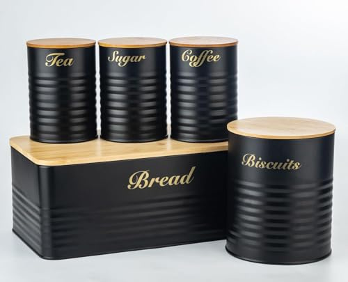 Tea Coffee Sugar Biscuits & Bread Storage Canister Set, 5pc Kitchen Storage Jar Set, Labelled Containers with Lid (Black, 5 Pieces)