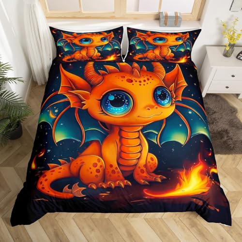 Set di biancheria da letto con copripiumino kawaii per bambini, ragazzi e adulti, motivo: dinosauri in stile cartone animato, con fiamme brucianti, set di biancheria da letto, con 2 federe,