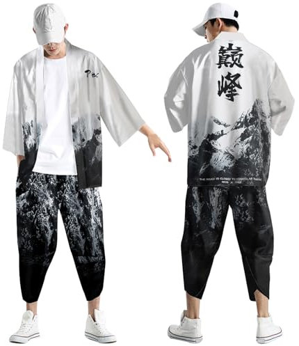 Rrongwn Kimono Set Herren Japanisch Mehrfarbig Druck Lose Cardigan Sommer 3/4 Hülse Kimono Kurzarm Funky Bunte National Print Japanische Bademäntel Strandhemd T-Shirt Set