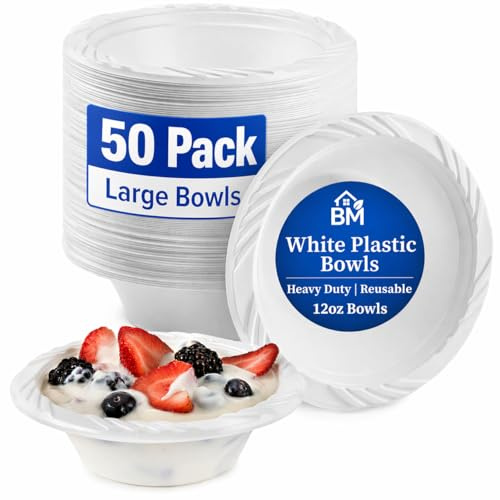 BLISSMART Reusable White Plastic Bowls 12oz 50 Pack Washable and Reusable Tableware Plastic Bowl for Dessert Heavy Duty Dinnerware for Parties, Camping, Birthday, Catering, BBQ