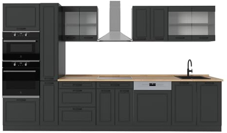 Vicco Küchenzeile R-Line, Anthrazit Landhaus/Anthrazit, 350 cm, AP Eiche, zur flexiblen Erweiterung durch zusätzliche Module geeignet