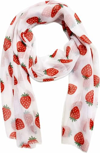 Jeamis XL Strawberry Cherry Spring Scarves Summer Neckerchief Transition Scarf with Fruit Pattern Cotton Stole Cloth Strawberry, strawberry, 190 x 68 cm