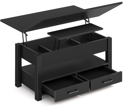 Rolanstar Table Basse Relevable et Extensible en Bois – avec Tiroir, Rangement Caché et Compartiment Ouvert – Convertible en Table à Manger – Idéale pour Petits Espaces – Noir