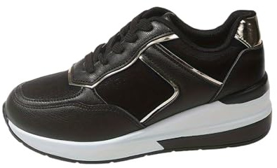 Sneaker da donna con zeppa in pelle, comode scarpe da ginnastica, leggere, traspiranti, resistenti, alla moda, per il tempo libero, per il lavoro, con plateau, Nero , 36 EU