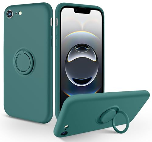 SouliGo for iPhone 16e Case 6.1 2025 Silicone Soft Gel Rubber Phone Case with 360° Ring Holder Kickstand【Compatible Magnetic Car Mount】 Shockproof Protective Anti-Slip Phone Cover - Midnight Green