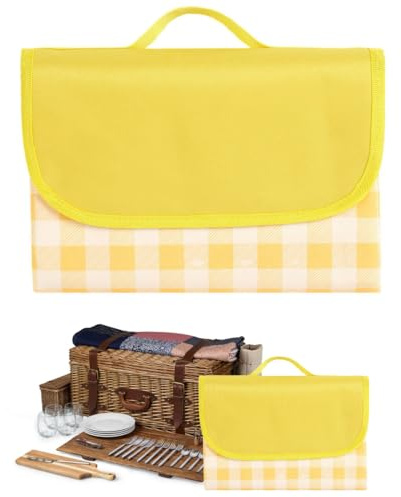 OHREN Manta de Picnic, aislada térmicamente, con base impermeable y asa de transporte, esterilla plegable para camping, playa, senderismo, ideal exteriores, blanket (150 x 200 cm) (Amarillo y Tartan)