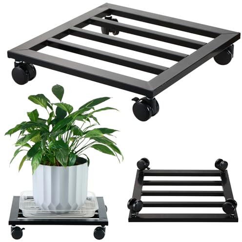DEELF OUTLET 1 Packs 12 inches Large Metal Plant Caddy with PU Wheels Square Planter Dolly Pot Mover Rollers Wrought Iron Rolling Plant Stands Indoor Outdoor Plant Holder Coaster Trolley, Black