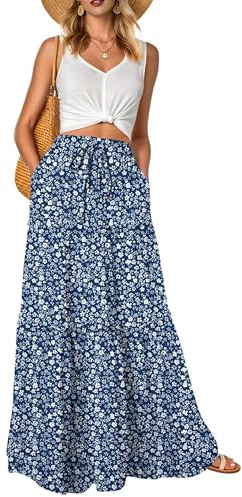 QIXING Gonna da donna in stile bohémien, a vita alta, maxi gonna estiva alla moda floreale carina con tasche, L