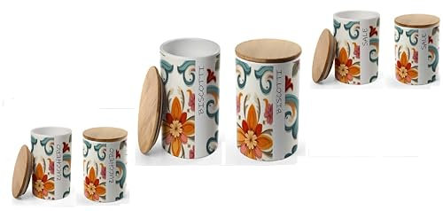 UTILISSIMI EDITACASA Set di 3 Barattoli in Ceramica per Sale, Zucchero e Biscotti, Stile Romantico con Motivi Floreali, Coperchio in Legno, Biscottiera 13x17 cm, Barattoli 10x13 cm