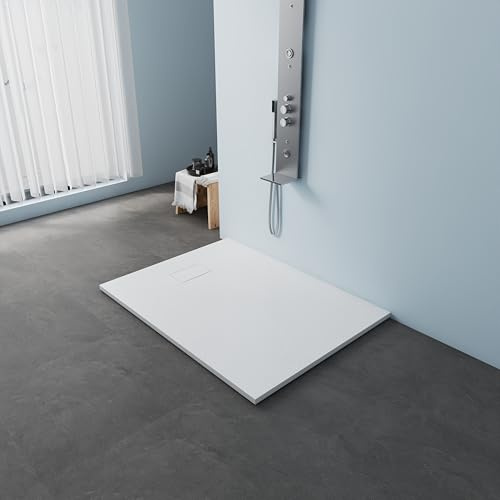 MEDUNJESS Duschwanne 120x90 cm SMC Flache Antirutsch Schieferoptik Duschtasse, 26mm Zuschneidbare Brausewanne mit SMC Deckel, Ø 90mm Ablauföffnung Weiß (ohne Siphon)