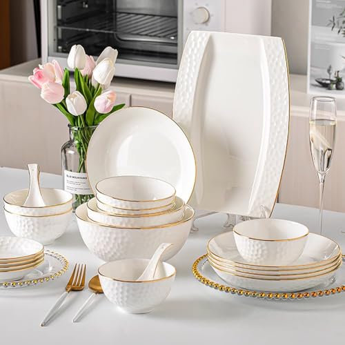NNYCC 28pcs Luxe Service de Table pour 6 Personnes avec Bords Doré, Porcelaine Vaisselle et Arts de Table Assiettes Bols et Soucoupes,Blanc