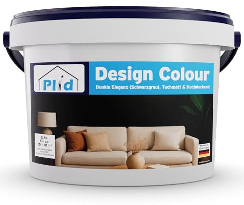 Plid® Design Innenfarbe Schwarzgrau 2.5L [HOHE DECKKRAFT] Design-Colour Dunkle Eleganz - Bunte Farbe Wand - Matte Wandfarbe - Für ca. 15-18 m² in Profi Qualität - Atmungsaktiv & Tropfgehemmt