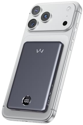 iWALK Magnetic Portable Charger, 5,000mAh Ultra-Slim Power Bank Wireless Charging Battery Pack with LED Power Display, Comfortable Grip Powerbank Compatible with iPhone 17/16/15/14/13 Series, Gray