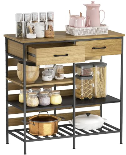 HOMCOM Buffet Cuisine avec 2 Tiroirs 90 x 40 x 91 cm Bois Naturel et Noir | Meuble de Rangement, 3 Étagères Ouvertes, Style Industriel, Cadre en Acier, Salle à Manger, Salon, Cuisine