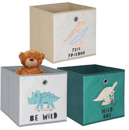 Relaxdays 3er Set, Kinder Aufbewahrungsboxen, süße Dino-Motive, Faltbox für Würfelregale, HBT: 30x30x30 cm, Textil, bunt, B