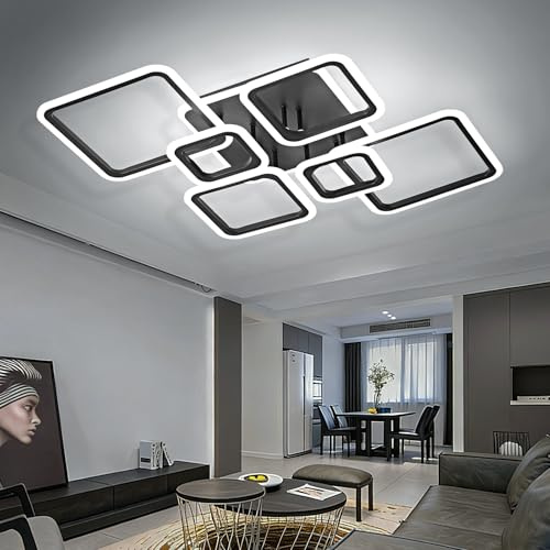 OKELI Moderne LED led Deckenleuchte, 48W Schwarze Deckenlampe mit 7 quadratischem Acryl-Design, Große Kronleuchter Deckenleuchten für Wohnzimmer, Schlafzimmer und Küche, 6000K
