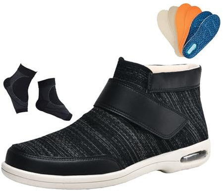 Diabetesödemskor För Äldre Utomhusbruk, Höga Herrskor Med Justerbara Andningsbara Ortopediska Skor För Svullna Diabetesödem, Bekväma Inomhus-och Utomhusskor Med Extra Breda Skor Ben(Black Gray,46 EU)