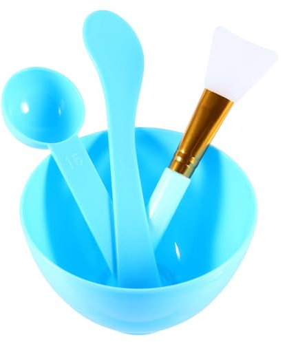 IWOWHERO Set de 4 Piezas para Mascarillas Faciales Cuencos de Plástico Rígido Pincel de Silicona y Espátula Color Azul Claro Kit para Cuidado Facial DIY en Casa y Salones de Belleza