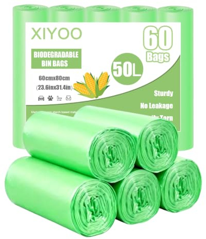 XIYOO Biodegradable Bin Bags 50l Food Waste Bags Compost Bin Liners 60 Counts Large Trash Bag Kitchen Caddy Liner,Green