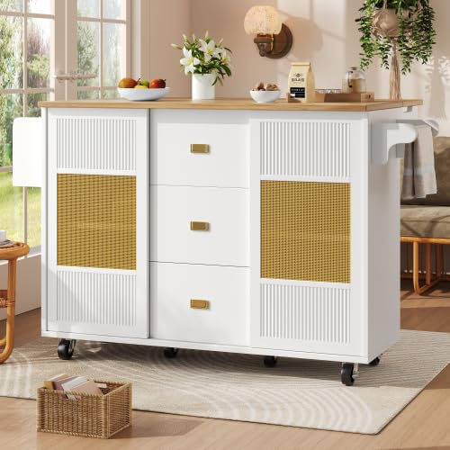 kozamas Isla de cocina independiente con encimera plegable, armario de cocina, armario buffet móvil, 147 x 70 (42) x 90 cm, color blanco, con puertas de diseño de ratán, 6 ruedas, cajones y estante