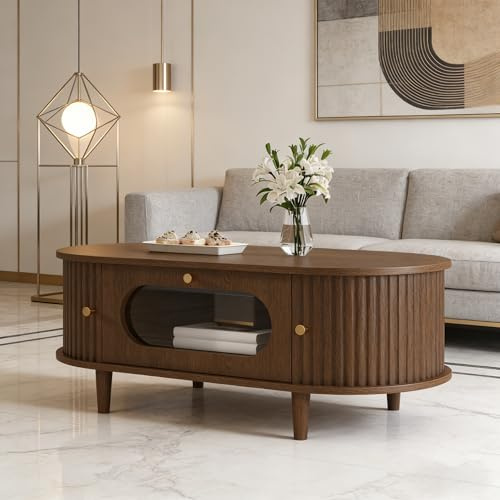 BNUZ Mesa de centro para salón, 50 x 100 cm, color nogal, mesa de café con cajones, mesa de sofá con puerta enrollable, mesa auxiliar, mesa de salón con 4 patas de apoyo