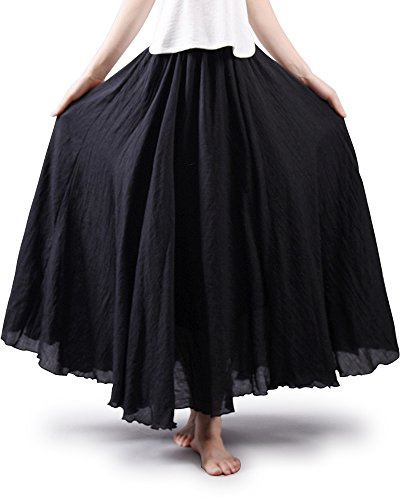 Phorecys Women's Bohemian Style Elastic Waist Band Long Maxi Skirt Black 105cm
