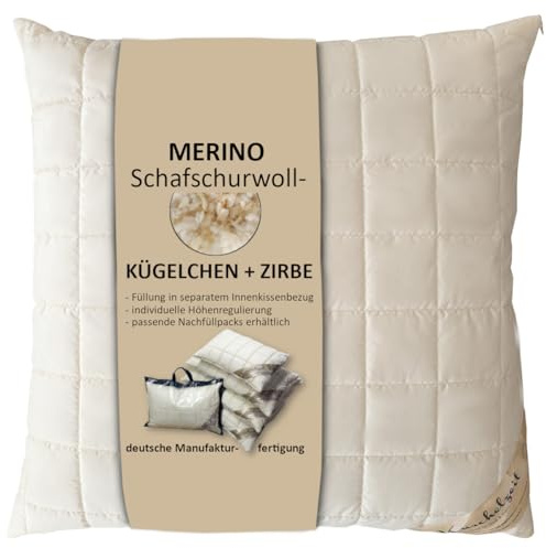 Merino Schafschurwolle Kopfkissen mit Zirbe Spänen in 80x80 cm mit 1000 Gramm Schurwoll Kügelchen zur individuellen Höhenverstellung und ca. 200 g Zirbe - Made in Germany