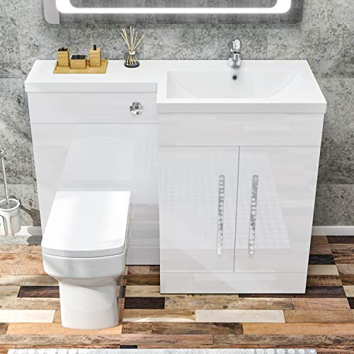 ELEGANT 1100mm L Shape Bathroom Vanity Sink Unit Furniture Storage,Right Hand High Gloss White Vanity unit + Basin + Ceramic Square Toilet with Concealed Cistern | Right Hand High Gloss White Vanity unit + Basin + Ceramic Square Toilet with Concealed Cistern