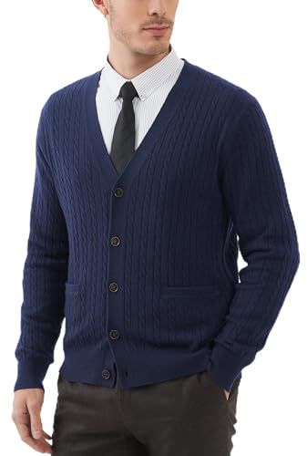 Kallspin Cardigan pour Homme Boutonné en Laine à Col en V et à Manches Longues Tricot Torsadé Gilets (Bleu Marin, XXL)