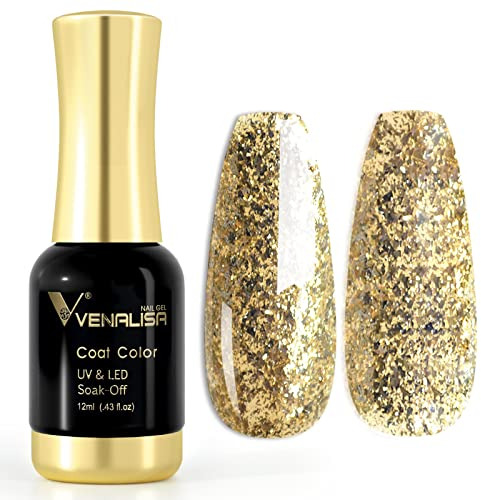 VENALISA UV Nagellack Gellack glitzer Gold farben,Gel Nail Polish Soak Off Nägel Farbgel Kit Glitter Gold Gel Nagellack für Nageldesign Maniküre 12ml