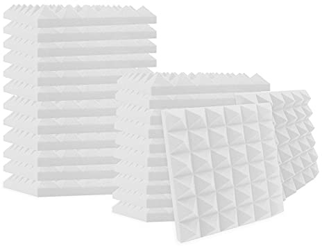 Heavyoff 24 Stück Akustikschaumstoff Platten Schall Dämmung Wanddeko Pyramiden Feuerhemmend Noppenschaumstoff für Tonstudio, Fernsehzimmer, Kinderzimmer 30x30x5cm, Weiß