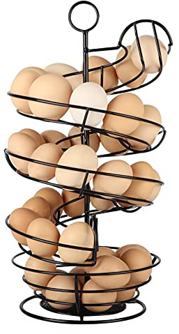 QUTREY Black Metal Egg Holder Countertop, Fresh Egg Skelter, Spiral Design Egg Dispenser Rack with Storage Basket for Display Easter Eggs