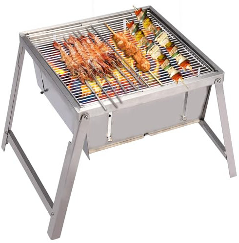 REDCAMP Barbecue à charbon pliable en acier inoxydable - Pour camping en plein air - 32,5 x 32,5 x 29,5 cm