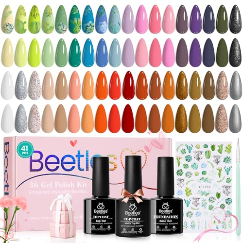 Beetles 36 Farben UV Nagellack Texas Rose, Base Glossy & Matt Top Coat mit Weiß Grün Rosa Rot Schimmer Blau Lila Braun Grau Farbe Gel Nagellack für Nägel Soak Off LED Maniküre