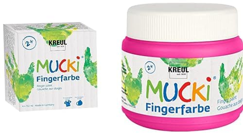 Kreul 2314 - Mucki leuchtkräftige Fingerfarbe, 4 x 150 ml in gelb, rot, blau und grün & 23106 - Mucki leuchtkräftige Fingerfarbe, 150 ml in pink, auf Wasserbasis, parabenfrei, glutenfrei
