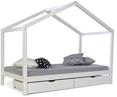 Homestyle4u 2075, Kinderbett 90x200 cm mit Matratze Lattenrost Bettkasten Hausbett Kinder Weiß Holz Haus
