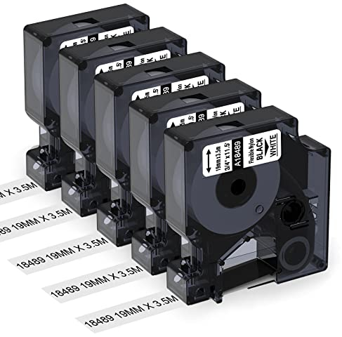 Aken 18489 als Ersatz für Dymo Rhino 18489 Industrie Nylonetiketten Flexibel 19mm x 3.5m Schwarz auf weiß Kompatibel mit DYMO Rhino 4200 5200 6000 Industriedrucker