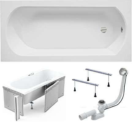 BADLAND Badewanne Original Weiß Acryl Wanne Rechteck INTRICA SLIM 150x75 KOMPLETTSET SET mit Premium Styroporverkleidung + Füßen und Exklusive Chrom Automatik Ablaufgarnitur Made in EU 4in1