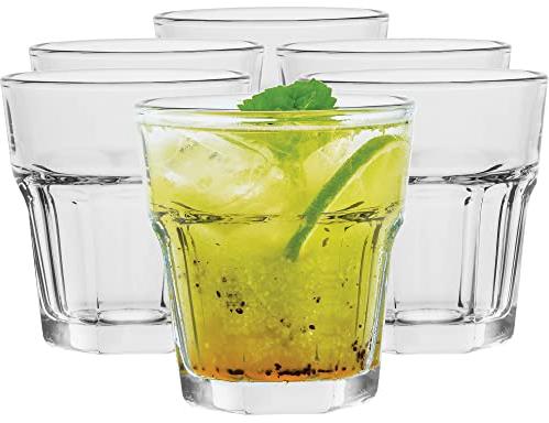 TREND FOR HOME Juego de 6 vasos de cristal de agua modernos de 280 ml para vino, cócteles, whisky, vasos pequeños de café bajos, altura: 9,5 cm | Alva