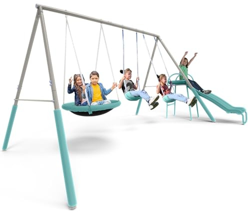 Sportspower Super Saucer Metal Swing Set with 5 ft Slide & 2 Swings, Padded 2-Person Saucer Swing, Heavy-Duty Powder-Coated Steel Frame, 500 lb Capacity, Backyard Playset for Kids 3–8