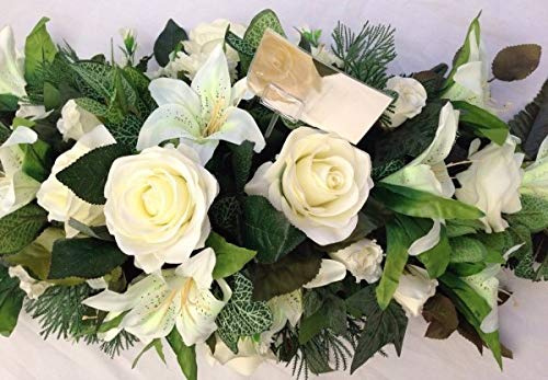 Silky Bouquets Artificial Silk Funeral Flower Coffin Spray Tribute Casket Topper Wreath Lily (Yellow, 12)