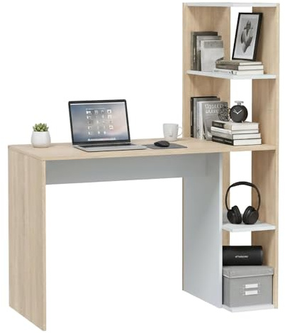 Dmora - Scrivania Pittston, Scrittoio lineare con libreria, Tavolo ufficio multiuso salvaspazio, 110x52h136 cm, Bianco e Rovere