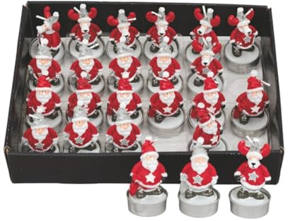 Set 24 Candele a Forma di Babbo Natale e Renna tealights Segnaposto Bomboniera cenone Capodanno, Feste, Christmas, Decorazione Regalo 5 x 7,5 cm 3 soggetti con vasetto ALLUMINIO