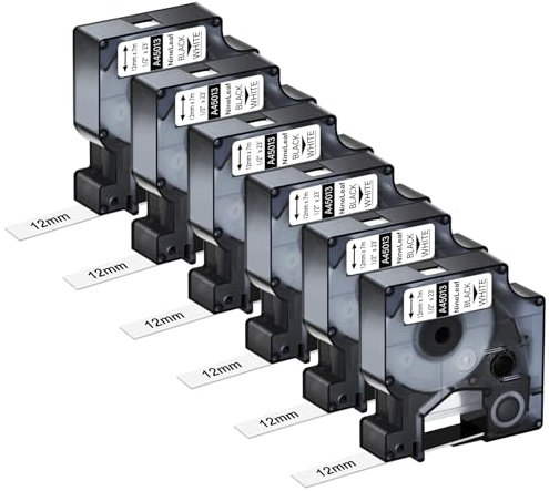 NineLeaf 6 Packung Ersatz für Dymo D1 45013 S0720530 A45013 12mm x 7m 0.47'' Bänder Schwarz auf Weiß Schriftband für LabelManager 160 210D 220P 120P LabelPoint 100 150 200 250 Beschriftungsgerät
