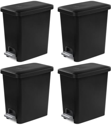 Sterilite 2.7 Gallon Rectangular Step On Kitchen Trash Bin Plastic Indoor Wastebasket with Removable Liner and Bag Holding Feature, Black (4 Pack)