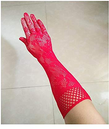 SePkus Paar Netzhandschuhe mit floraler Schleife und Spitze, Lange Handschuhe für Damen, Braut, Hochzeit, Party, Kostüme (Farbe: Schwarz, Größe: L) (Rot L)