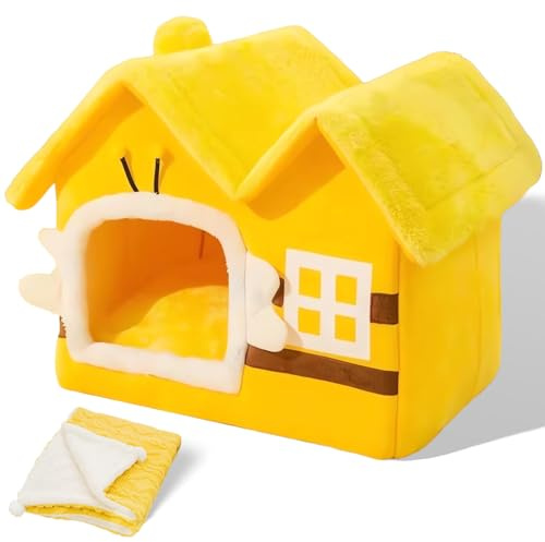 SEOUGEE Cat Cave Bed, Warm Cosy Dog Bed Indoor With Removable Cushion, Comfortable Plush Pet Igloo, Washable Foldable Cat House With Non-Slip Bottom (Yellow Bee,S)