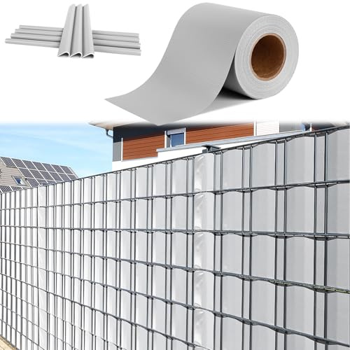 LILIIN PVC Sichtschutzfolie Sichtschutzstreifen Balkon Sichtschutz Garten Sichtschutz Zaun Inkl. Befestigungsclips - Doppelstabmatten für Gartenzaun, Balkonzaun, 35m x 19 cm, Grau