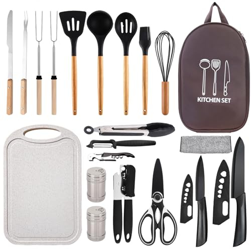 Pansyling Silicone Camping Cooking Set with Storage Bag, RV Camping Must Haves Car Camping Essentials Camper Accessories, Camping Kitchen Cooking Utensil for Outdoor Picnic Hiking Travel